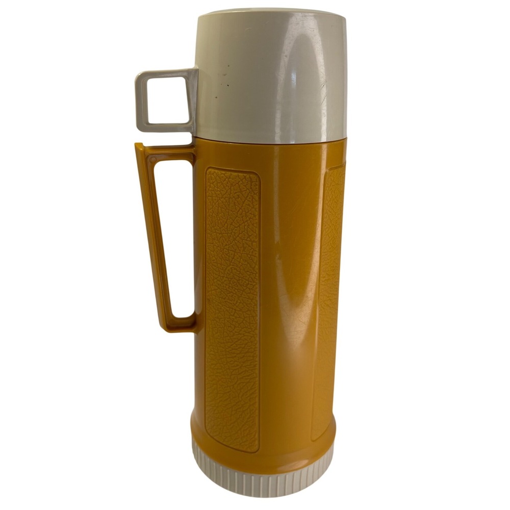 Thermos Vacuum Bottle Mustard Yellow Insulated Pitcher with Cup Lid Vintage
